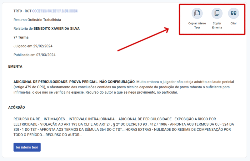 Botões de Copiar e Citar de decisão